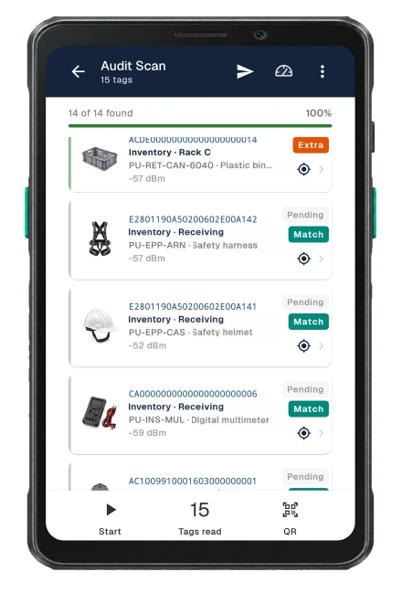 Audit count on a handheld RFID reader: each item read appears with its photo and match status.