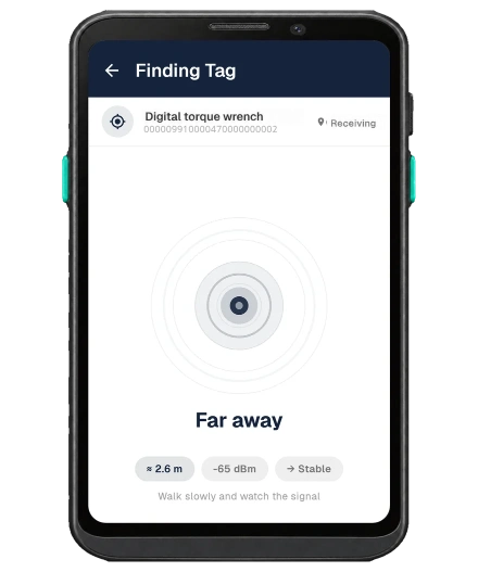 Tag search on a handheld RFID reader, with the approximate distance and the signal strength.
