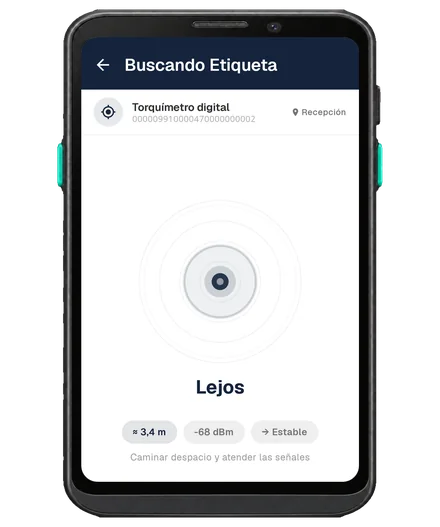 Búsqueda de una etiqueta en un lector RFID de mano, con la distancia aproximada y la intensidad de la señal.