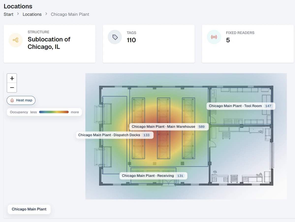 Mapa de calor de ocupación de una planta en Trackvy Cloud, con cantidades de etiquetas por zona.
